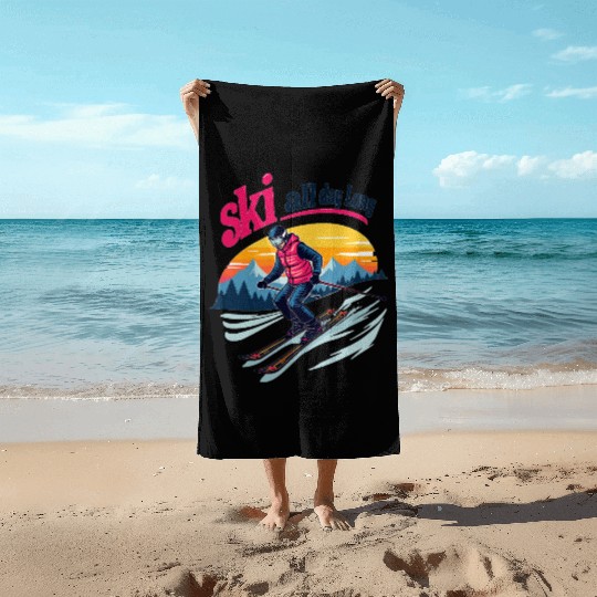 Ski all day long Beach Towels