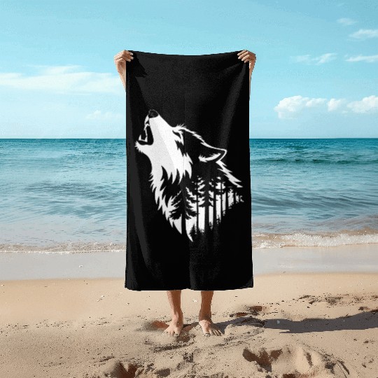 Howling Wolf & Forest Silhouette Beach Towels