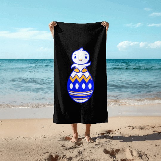 Chick Sits On Giant Easter Egg Waving Easter Sweet Beach Towels