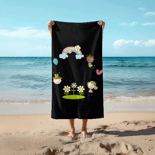 Children of the Earth with Rainbow Flowers Balloon Beach Towels