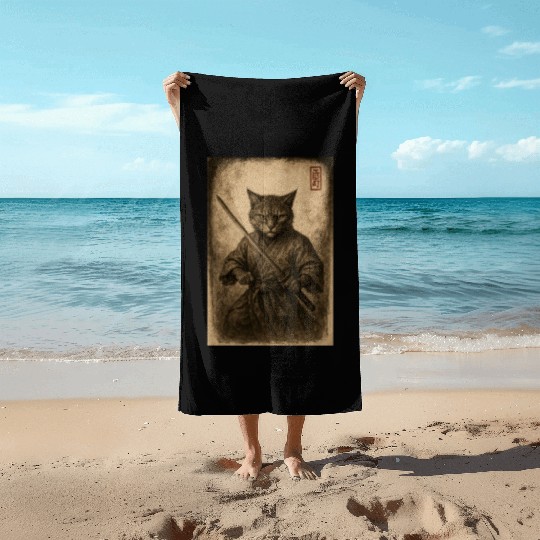 Samurai Cat in Vintage Style Beach Towels