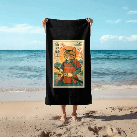 Samurai Cat in Traditional Armor Art Beach Towels