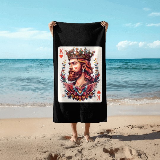 King of Hearts Card Illustration Beach Towels
