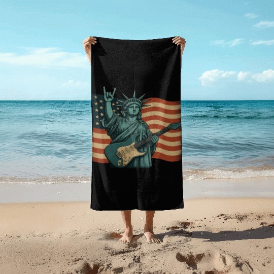 4th of July Statue Of Liberty Rock Guitar USA Flag Beach Towels