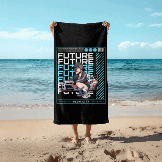 Future Racer - Neon City Dreams Beach Towels