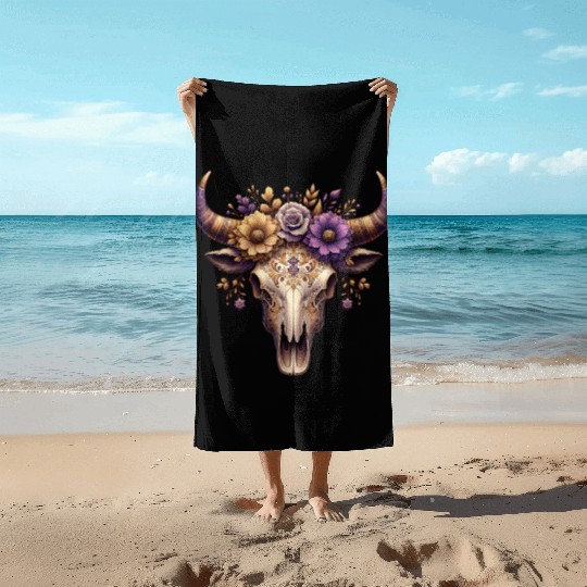 Boho Bull Skull with Floral – Western Bohemian Beach Towels