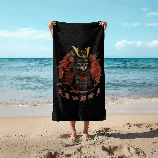Samurai Cat Warrior – Japanese Red Sun Armor Art Beach Towels