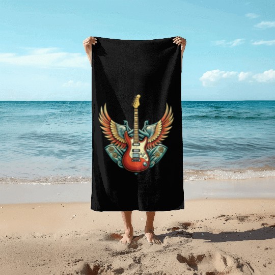 Vintage Retro 80s Rock Roll Music Guitar Wing Beach Towels