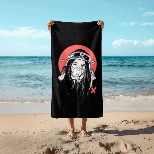 Cyberpunk Girl – Futuristic Gas Mask Art with Red Beach Towels