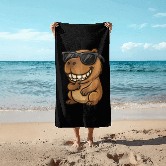 Cool capybara guinea pig sunglasses smile Beach Towels