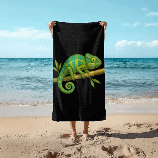 Colorful Chameleon on Bamboo Branch Beach Towels