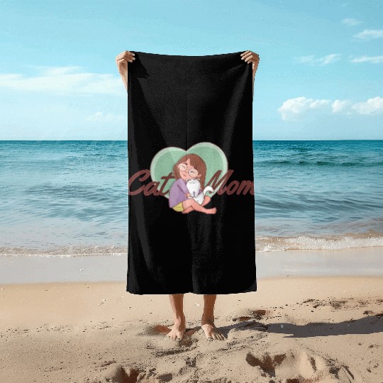 Cat Mom SVG – Girl Hugging White Cat with Heart Beach Towels