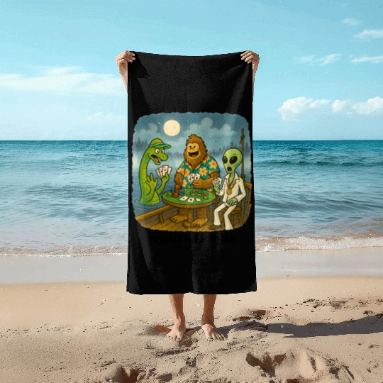 Bigfoot, Nessie and an Alien Play Poker - Cryptid Beach Towels
