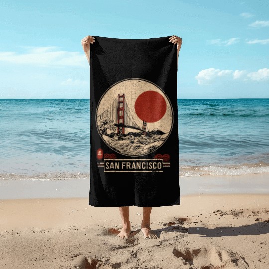 San Francisco - Woodblock Print Beach Towels