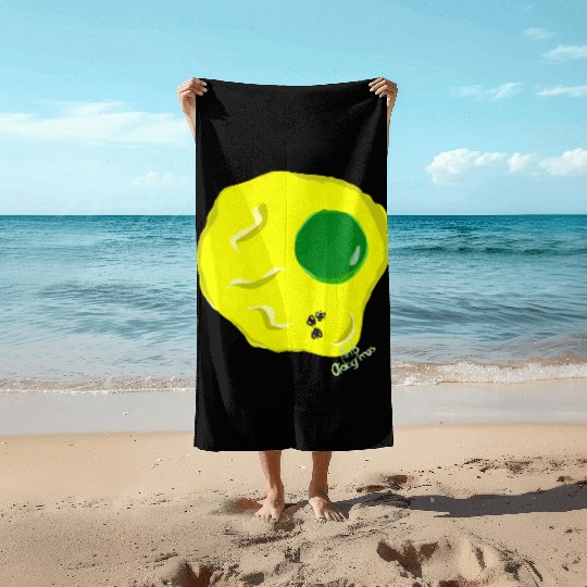 Yellow and green fried egg and flies Beach Towels