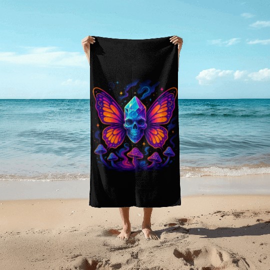 Crystal Skull & Neon Wings – Vapor Fantasy Beach Towels