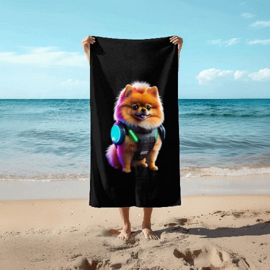 Cyber Pomeranian: Explorer of the Future Beach Towels