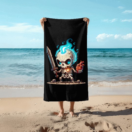 Flaming Skull Warrior – Heart of Fire Skeleton Beach Towels