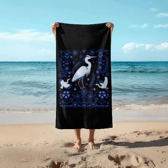 Great Blue Heron Folk Art Beach Towels