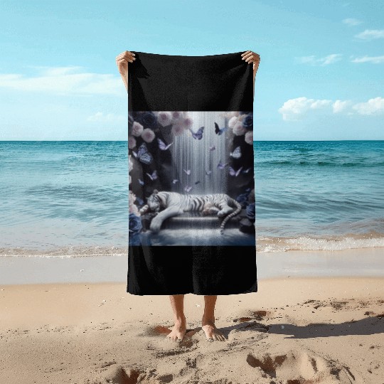 Butterfly Spirit Guardian: White Tiger & Black Ros Beach Towels