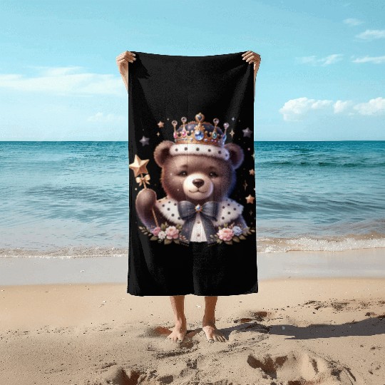 Royal Teddy Bear Magic – Crowned Cutie with Sparkl Beach Towels