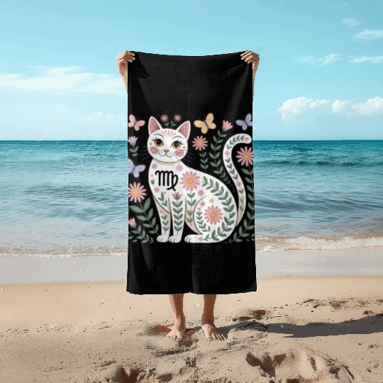 Virgo Zodiac Cat with Daisies Beach Towels