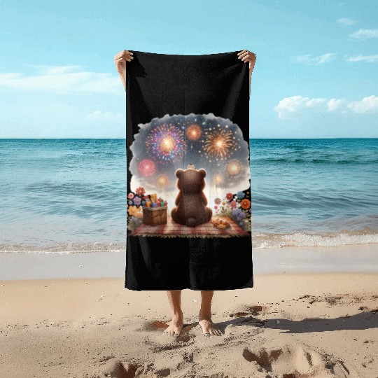 Fireworks Picnic Bear – Night Sky Celebration View Beach Towels
