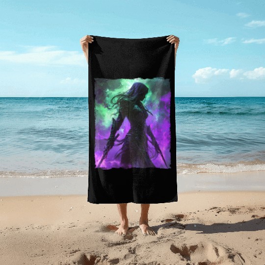 Mystical Assassin Woman In Violet Fog Fantasy Beach Towels