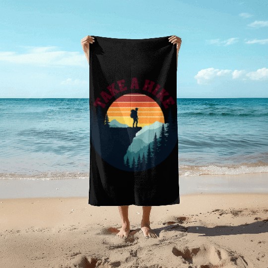 Take A Hike - Vintage Sunset Mountain Silhouette Beach Towels