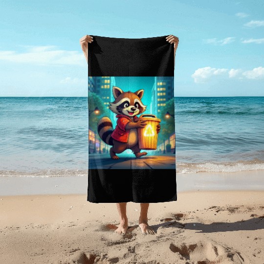 Cartoon Raccoon Recycling in City Beach Towels