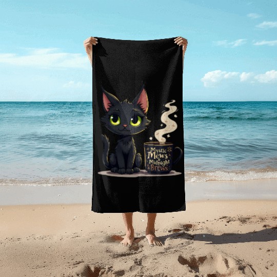 Mystic Mews & Midnight Brews - Black Cat & Magic Beach Towels