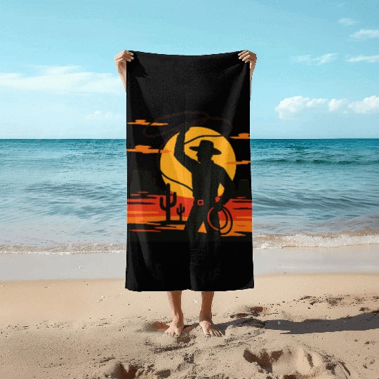 Lasso the Sunset Cowboy Beach Towels