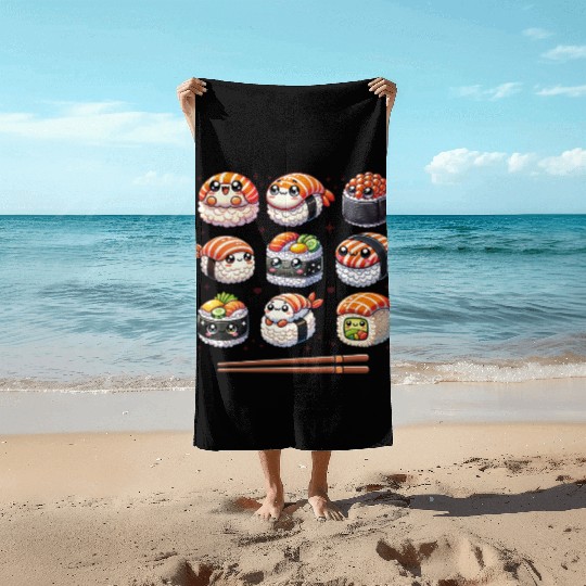 Funny Kawaii Sushi Anime Cute Japanese Food Lover Beach Towels
