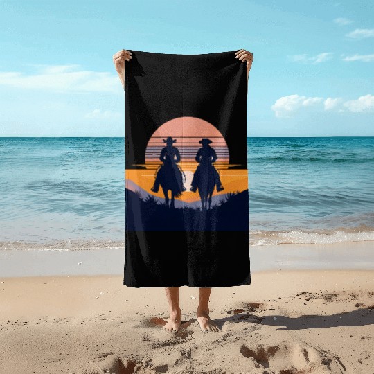 Western Sunset Silhouettes Beach Towels