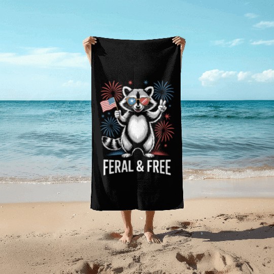 Feral And Free Patriotic Raccoon Beach Towels