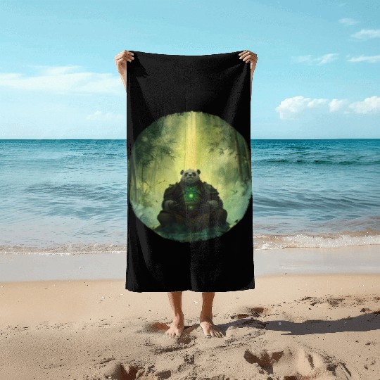 Meditating Panda Monk in a Glowing Bamboo Grove Beach Towels