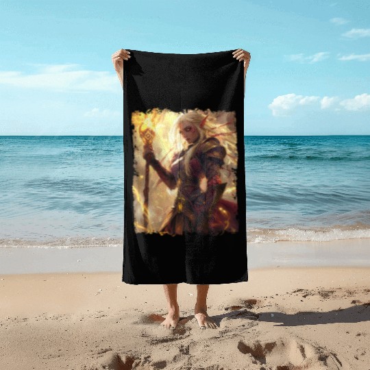 Fiery Elf Mage with Glowing Magical Staff Design Beach Towels