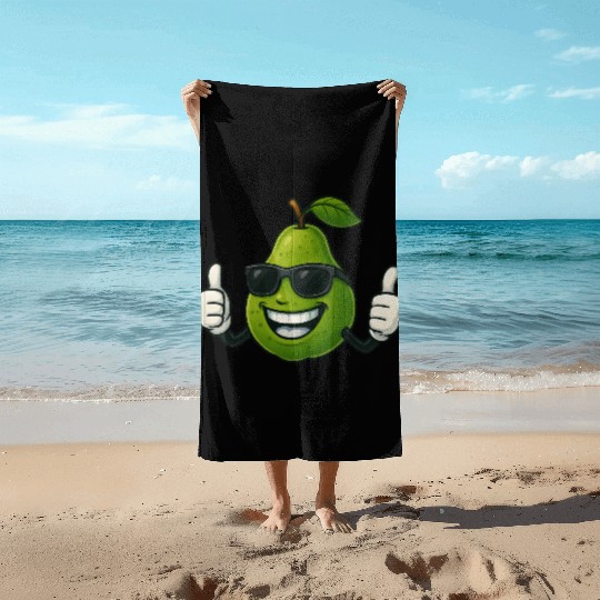 Cute cartoon pear guava fruit summer joy Beach Towels