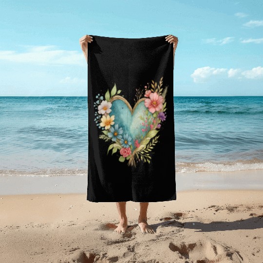 Watercolor Floral Heart Graphic | Romantic Botanic Beach Towels