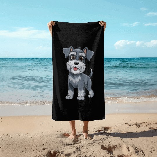 Adorable Schnauzer Pup Illustration With Big Eyes Beach Towels