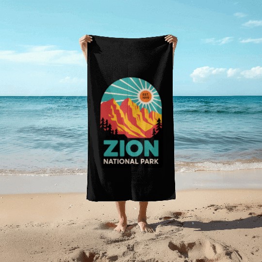 Zion National Park Retro Sunset Art Beach Towels