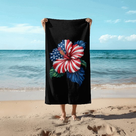 Hibiscus Flower Patriotic American Flag 4th Beach Towels