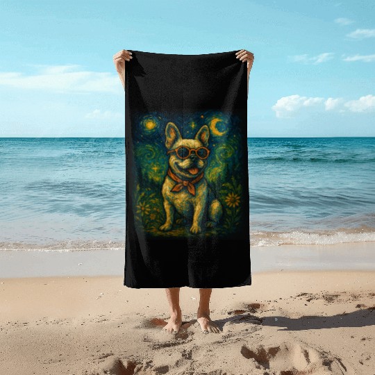 Starry Night Dog Funny Art Style Retro Glasses Pet Beach Towels