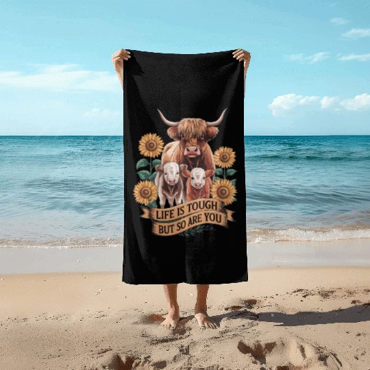 Highland Cow LIFE IS TOUGH Beach Towels