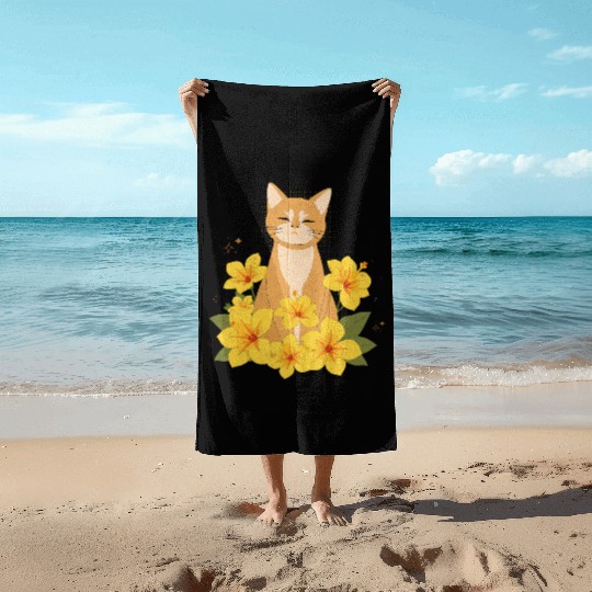 Orange Cat Surrounded by Yellow Hibiscus Flowers Beach Towels