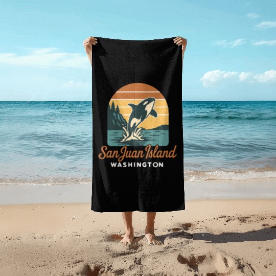 San Juan Island Washington Orca Whale Retro Sunset Beach Towels