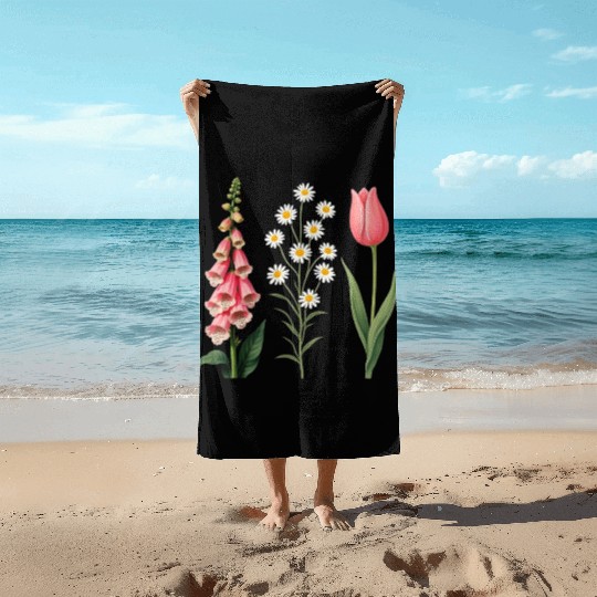 Foxglove Daisy Tulip Vintage Botanical Flowers Beach Towels