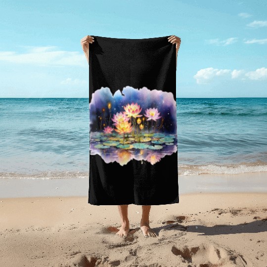Retro Zen Lotus Firefly Night Beach Towels