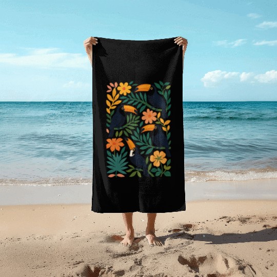 Colorful Tropical Toucan and Floral Beach Towels