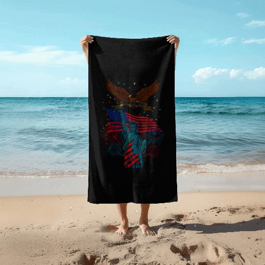 US flag with eagle and statue of liberty Beach Towels